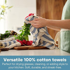 MEEMA Kitchen Towels and Dishcloths Sets of 4 | Large 18 x 28 Inch | Upcycled Cotton Tea Towel | Super Absorbent Cotton Dish Towels for Kitchen | Blue Stripes | Hand Towels