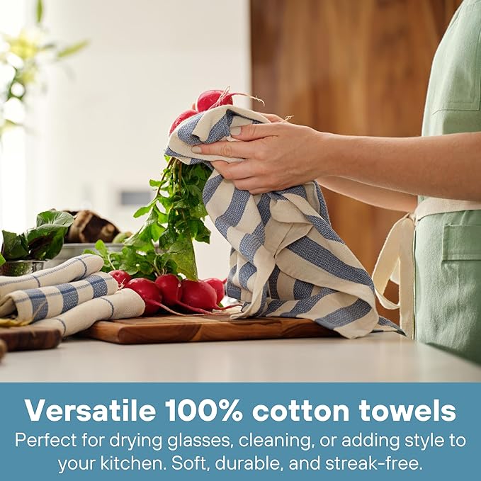 MEEMA Kitchen Towels and Dishcloths Sets of 4 | Large 18 x 28 Inch | Upcycled Cotton Tea Towel | Super Absorbent Cotton Dish Towels for Kitchen | Blue Stripes | Hand Towels