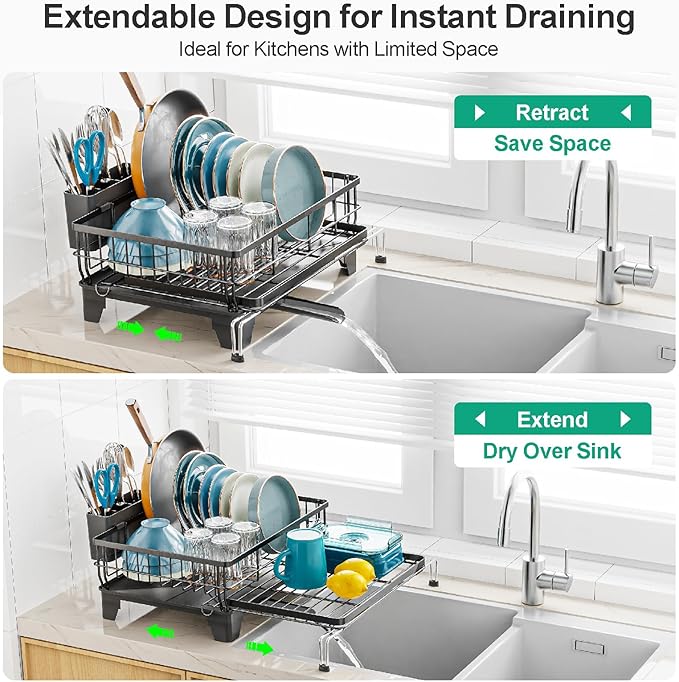 GSlife Extendable Dish Drying Rack - Large 2-in-1 Dish Racks for Kitchen Counter or Over Sink, Anti-Rust Dish Drainer with Drainboard, 2 Pan Slots and Utensil Holder, Black
