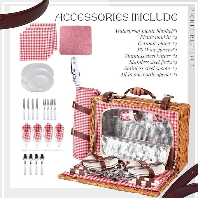 Picnic Basket Set for 4 with Waterproof Blanket Mat Insulation Bag Wicker Red Plaid Classic Vintage Gifts for Wedding Birthday Summer Camp Outdoor Camping Beach Travel Christmas Thanksgiving