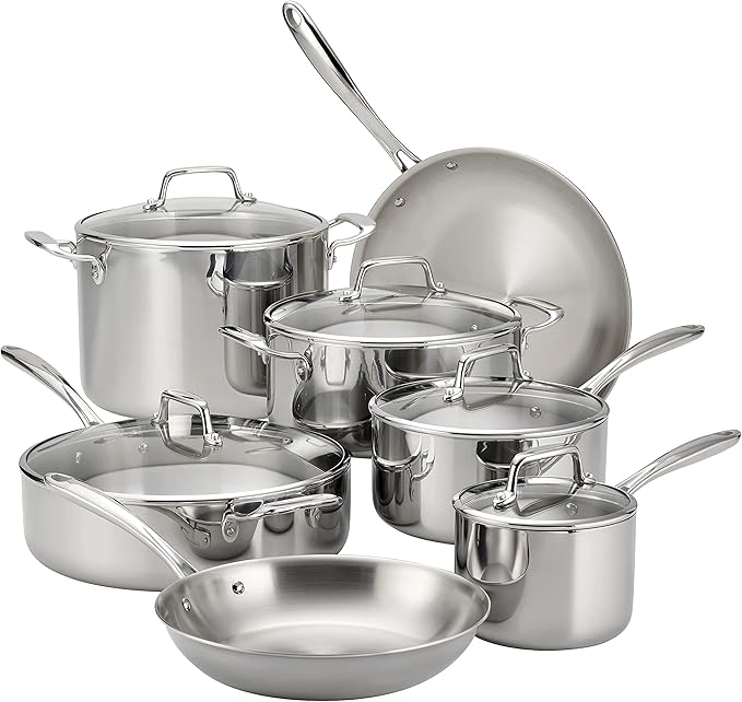 Tramontina Tri-Ply Clad Stainless Steel 12-Piece Cookware Set with Glass Lids, Pots and Pans Kitchen Set, Induction-Ready, Dishwasher-Safe, NSF-Certified