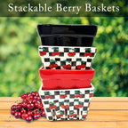 Ceramic Berry Basket -Checkered black and White with red Cherries pattern-Colander -Modern Kitchen Decor Fruit Bowls - Checkerboard Fruit Baskets, Farmer's Market Harvest Bowls Set of 4