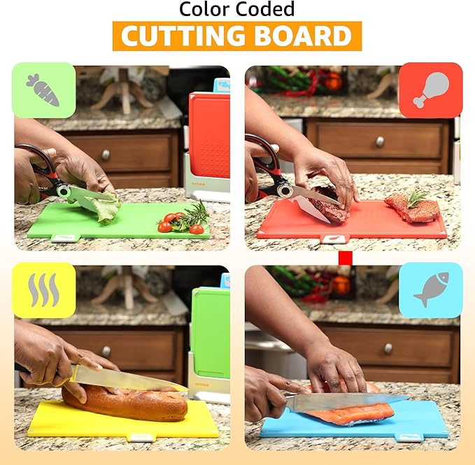 Cutting Board Set: 4-Piece Color-Coded, Non-Slip, BPA-Free, Perfect kitchen essentials for new home, Dishwasher Safe with Premium Scissors and Chopping Board Organizer, Quality kitchen stuff.