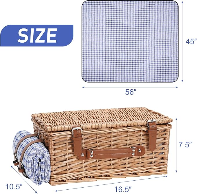 Wicker Picnic Basket Set for 2 Persons with Waterproof Picnic Blanket and Large Insulated Cooler Compartment, Willow Picnic Hamper Basket with Cutlery Service Kits for Camping, Wedding (Red)