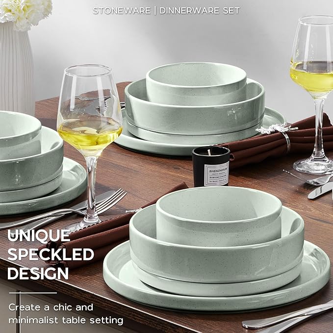 Stoneware Dinnerware Sets, Onader 8 Piece Plates and Bowls Dishes Sets for 2, Speckled Kitchen Dishware Dining Ware with Double Bowl – Pale Sage Green