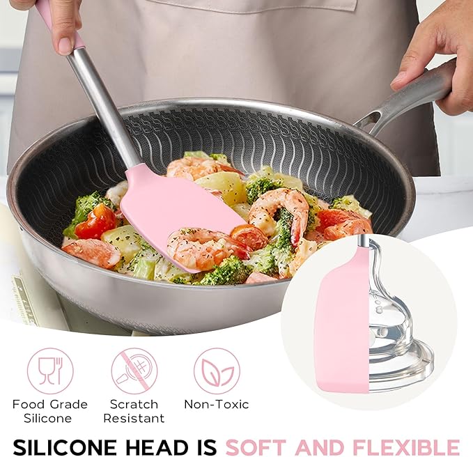 Silicone Utensils Set, Onader 15pcs Kitchen Cooking Utensils with Holder, Non-stick Cookware with Stainless Steel Handle, Kitchen Gadgets Tools Gift - Pink