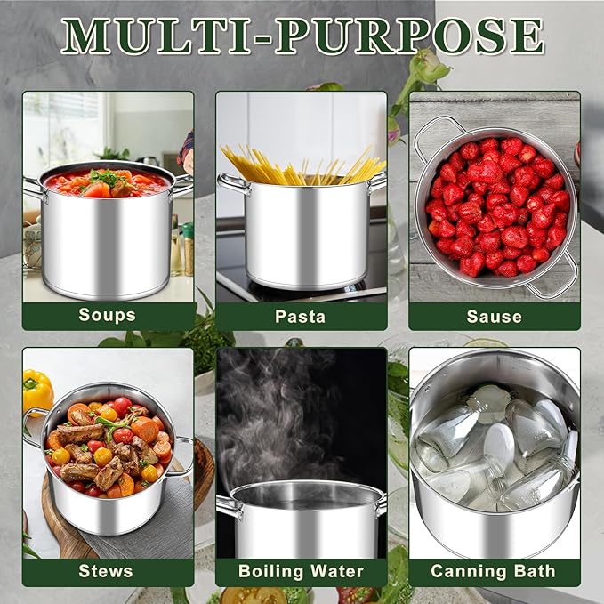 Leonyo 16 Quart Stock Pot With Lid, 18/10 Stainless Steel Stockpot, large Induction Cooking Pot with Visible Lid for Pasta, Soup, Spaghetti, Tri-Ply Bottom & Heavy Duty, Various Stovetops Suitable