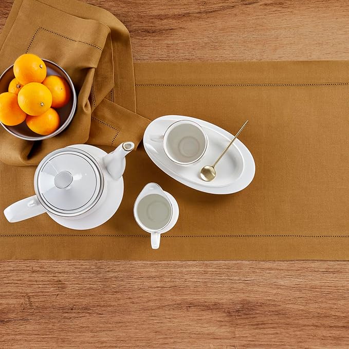 Solino Home Linen Table Runner 48 Inches - 100% Pure Linen Brown Sugar Hemstitch Table Runner 14 x 48 Inch Ideal for Dresser and Coffee Tables - Summer, Fall, Autumn - Classic Hemstitch