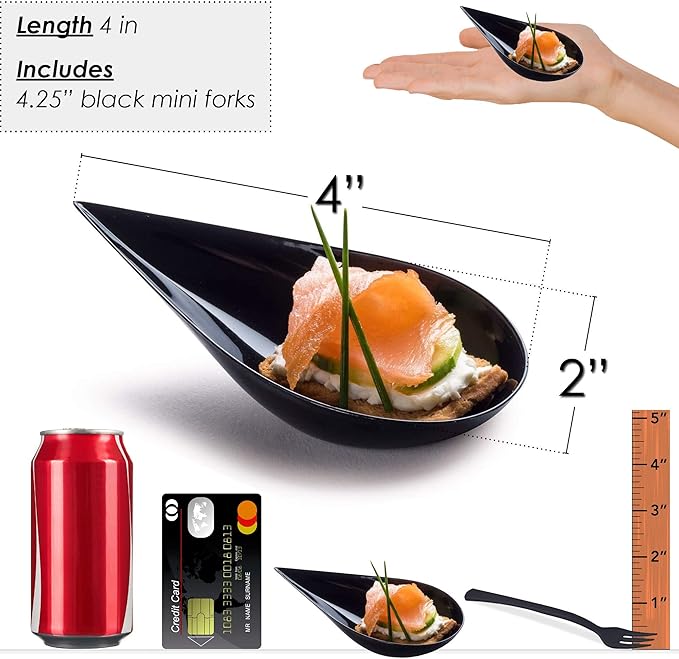 DLux 100 4-in Tear Drop Mini Appetizer Plates with Forks,Reusable Black Plastic Spoons - Desserts and Appetizers Dishes Serving Plate - Asian Spoon Set, Small Catering Dessert Tasting Cups