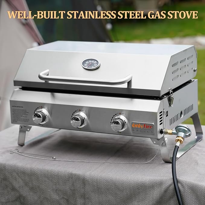 Tabletop Gas Griddle with Foldable Legs, Portable 3-Burner Propane Gas Grill Griddle Flat Top for Outdoor Cooking Patio Barbecue Camping Tailgating RV BBQ, Stainless Steel, #GS309