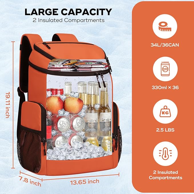 Maelstrom Backpack Cooler,36 Can Cooler Backpack,Soft Cooler Bag Insulated Leakproof,Lightweight Ice Chest Backpack,Travel Cooler Lunch Backpack for Camping,Hiking,Beach,Orange