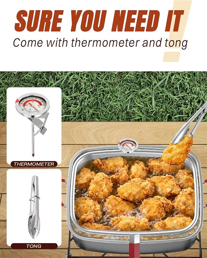 Deep Fryer Pot 18QT | Fish Fryer Pot with Basket | Heat-Resistant Silicone Handles | Lid & Fryer Tong & Thermometer | Outdoor Fryer Pot for Frying Fish, French Fries, Chicken Wings | Foldable Aluminum