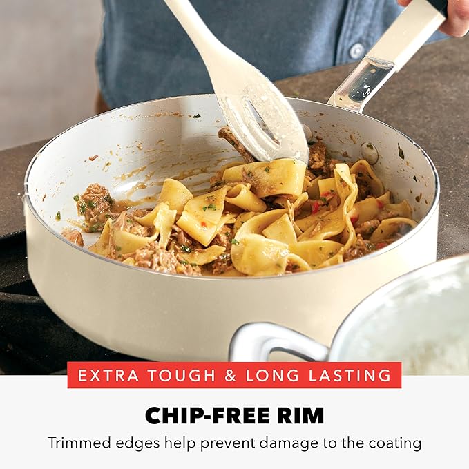 GreenPan x Bobby Flay 13 Piece Nonstick Cookware Pots and Pans Set, PFAS-Free Diamond Ceramic, Induction Suitable, Easy Clean Dishwasher & Oven Safe, Stay-Cool Silicone Handles, Glass Lids, Cream