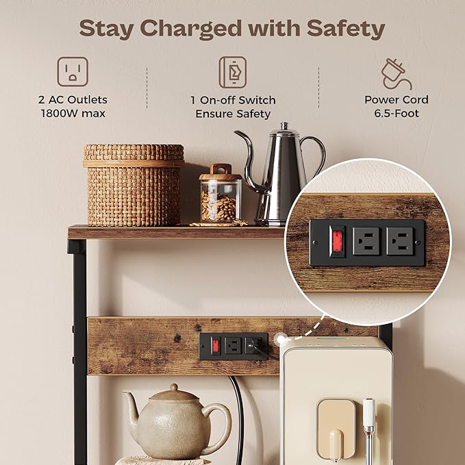 SUPERJARE 4 Tier Bakers Rack with Power Outlets, Microwave Stand with Adjustable Shelf, Kitchen Shelf Organizer for Small Space, Coffee Bar with 6 S Hooks, Kitchen Storage Rack, Rustic Brown