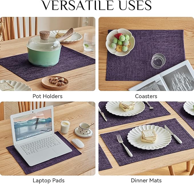 Softalker Faux Linen Placemats Set of 8-12 x 18 Inch, Heat Resistant Double Layered Durable Burlap Farmhouse Place Mats, Non-Slip Washable Rustic Table Mats for Dining, Kitchen, Party（Purple