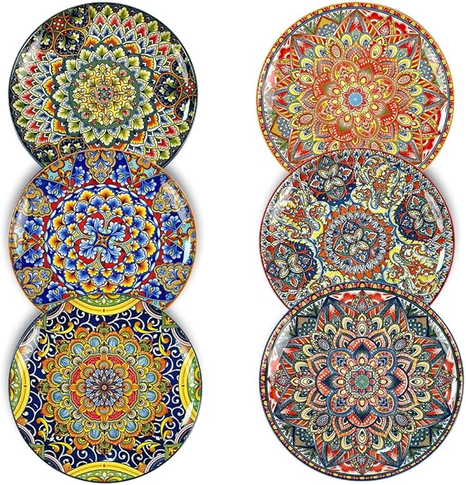 Dinner Plates 6 pcs,8.5 Inch Ceramic Plates, Microwave, Oven and Dishwasher Safe, Colorful Bohemian Style Dishes for Kitchen