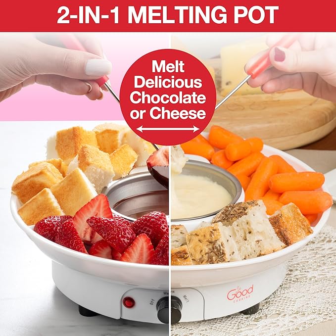 Electric Fondue Maker Deluxe Set w 4 Forks- Removable Serving Tray for Cheese & Chocolate Melting, Warming Setting- XMAS Candy Bar Melter, Holiday Party Must Have- Appetizers Desserts- Gift for Host
