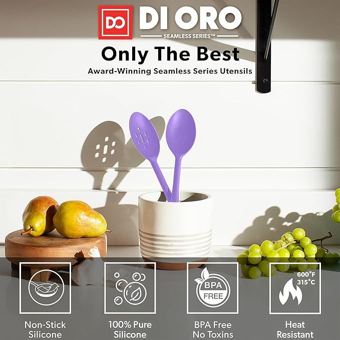 DI ORO Silicone Spoons for Cooking - Large Kitchen Spoons for Mixing, Serving & Stirring - 600°F Heat-Resistant Non Stick Utensils – Big Solid & Slotted Basting Spoon - Dishwasher Safe (2pc, Lavender)