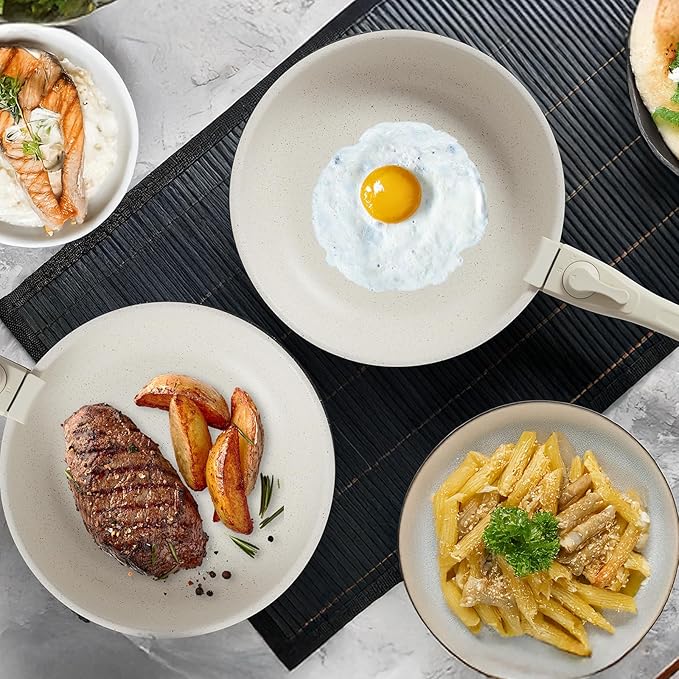 NEWBULIG Nonstick Kitchen Cookware Set, Pots and Pans with Detachable Handle, Induction Compatible, Dishwasher & Oven Safe, Space-Saving, Cream White, 12 Pieces(5 Pot)