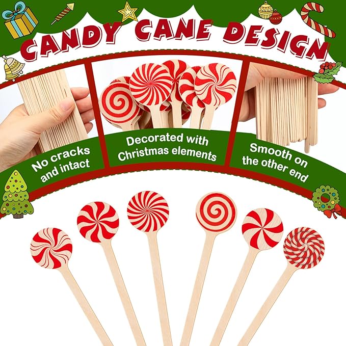360 Pcs Christmas Candy Wooden Coffee Stirrer Disposable Wooden Cocktail Drink Stirrers Christmas Stir Sticks Beverage Mixer for Coffee Milk Cocktail Tea Hot Drinks Party Supplies(Vivid)
