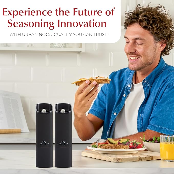 Automatic Salt and Pepper Grinder Set - Rechargeable Electric Salt and Pepper Shakers with Adjustable Coarseness, LED Light, One-Handed Use, Gravity Salt Grinder and Electric Pepper Mill