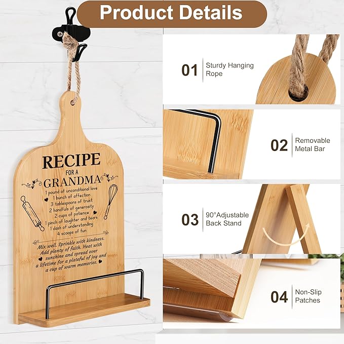 Grandma Gifts Retirement Gifts Cookbook Stand Bamboo Recipe Book Holder Kitchen Gifts for Women Adjustable Non-Slip Cook Book Stand for Kitchen Counter