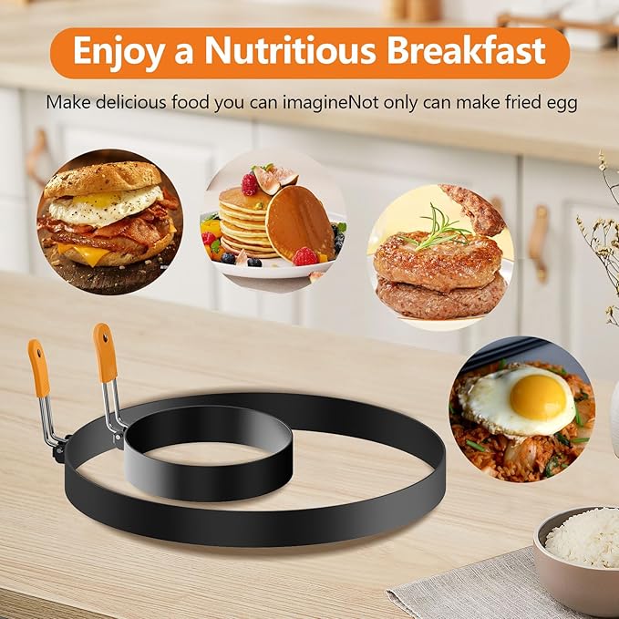 6 Pcs Professional Egg Ring Set, Non-stick Griddle Omelette Ring, Pancake Molds with Oil Brush,Stainless Fried Egg Molds with Orange Anti-scald Silicone Handle