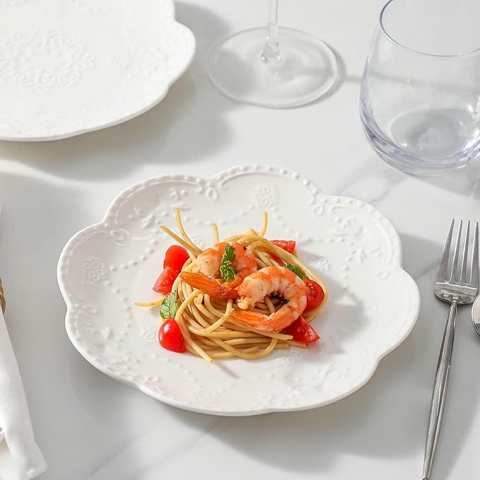 Neaylfe 6-Piece Embossed Ceramic Salad Plates, 8 Inch White Dinner Plates for Kitchen, Lightweight Round Plates, The Dessert, Salad, Appetizer, Small Lunch, etc Plate