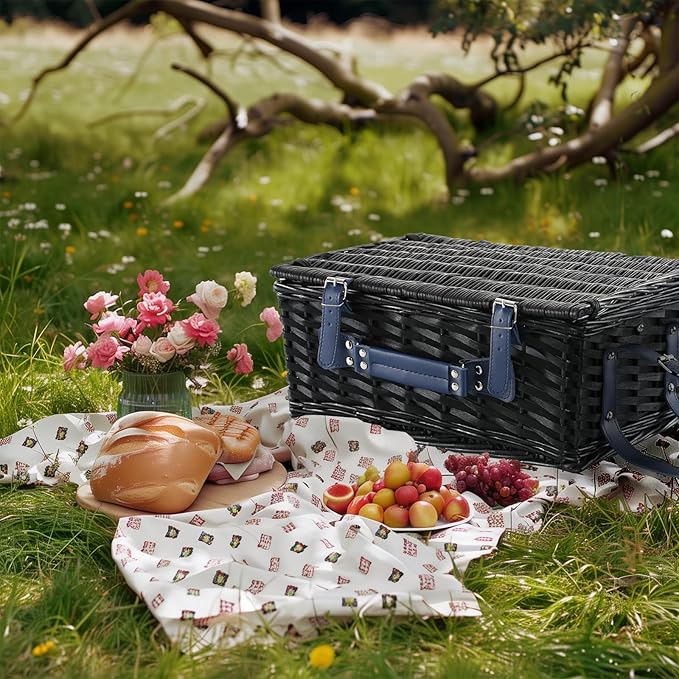 Picnic Basket Set for 4 with Waterproof Blanket Mat Insulation Bag Wicker Classic Navy Blue Black Stripe Gift for Wedding Birthday Summer Camp Outdoor Camping Travel Christmas Thanksgiving