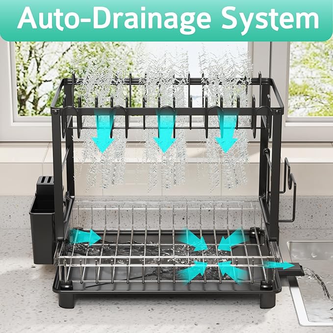 Dish Drying Rack, 2 Tier Space-Saving Dish Rack, Multifunctional Dish Drainer for Kitchen Counter with Drainboard/Utensil/Cup Holder Rustproof Carbon Steel, Black