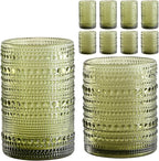 Vintage Hobnail Drinking Glasses Set of 8,Green 12 oz & 15oz Highball Glass Cups, Kitchen Drinkware Glassware,Embossed Water Tumbler,for Beer,Cocktail,Whiskey,Juice and Various Mixed Drinks