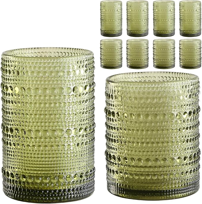 Vintage Hobnail Drinking Glasses Set of 8,Green 12 oz & 15oz Highball Glass Cups, Kitchen Drinkware Glassware,Embossed Water Tumbler,for Beer,Cocktail,Whiskey,Juice and Various Mixed Drinks