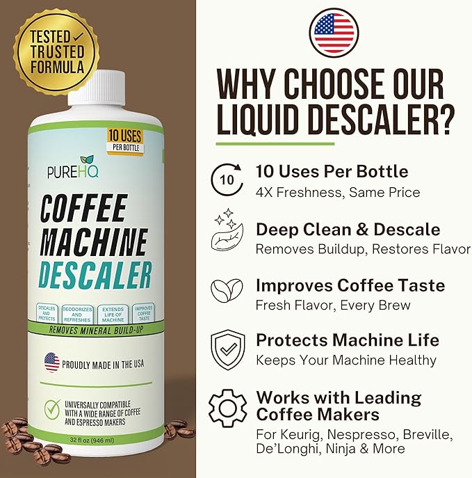 Coffee Machine Descaler (2 Pack) - 20 Uses - Keurig Descaling Solution - Universal Descaler for Keurig, Nespresso, Delonghi, Breville and All Single Use Coffee and Espresso Machines - Made in USA