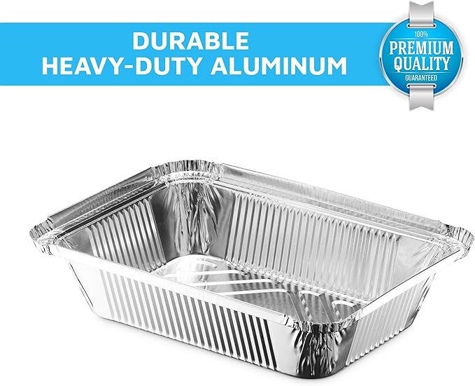 MontoPack Disposable Takeout Pans with Clear Lids | 2lb Capacity Aluminum Foil Food Drip Container with Strong Seal for Freshness & Spill Resistance | Earth, Eco-Friendly & Recyclable 100Pack 8x5.5”