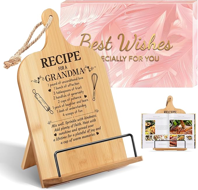 Grandma Gifts Retirement Gifts Cookbook Stand Bamboo Recipe Book Holder Kitchen Gifts for Women Adjustable Non-Slip Cook Book Stand for Kitchen Counter