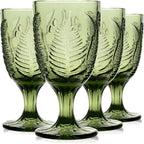 Green Glass Goblets Set of 4-10 oz Vintage Glassware Decorative Wine Glasses, Colored Cute Goblet Drinking Cups, Unique Textured Water Cup Sets, Colorful Aesthetic Pretty Drinkware Gifts