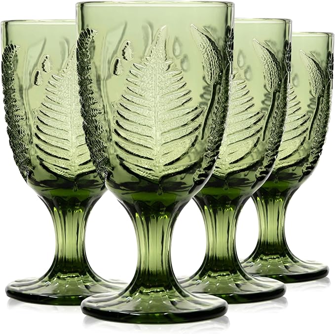 Green Glass Goblets Set of 4-10 oz Vintage Glassware Decorative Wine Glasses, Colored Cute Goblet Drinking Cups, Unique Textured Water Cup Sets, Colorful Aesthetic Pretty Drinkware Gifts