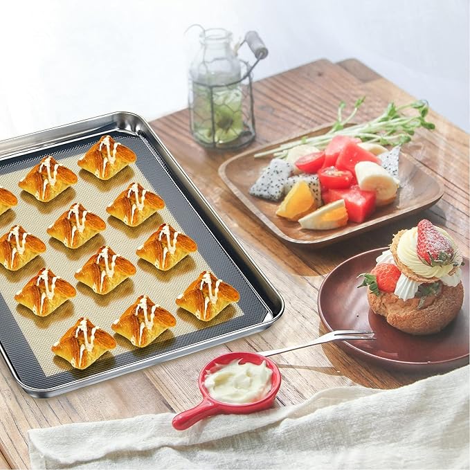 Baking Sheet with Silicone Mat Set of 4, Stainless Steel Cookie Sheet Baking Pan Tray with Silicone Mat, Non Toxic & Heavy Duty & Easy Clean - Size of 16 inch