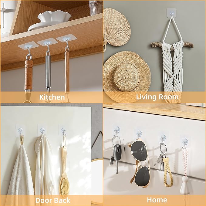Adhesive Wall Hooks for Hanging, 50 Pack Heavy Duty Stainless Self Sticky Hooks, Waterproof and Rustproof Clear Self Adhesive Utility Hooks for Bathroom Kitchen Office Outdoor Inside Wardrobe Towel