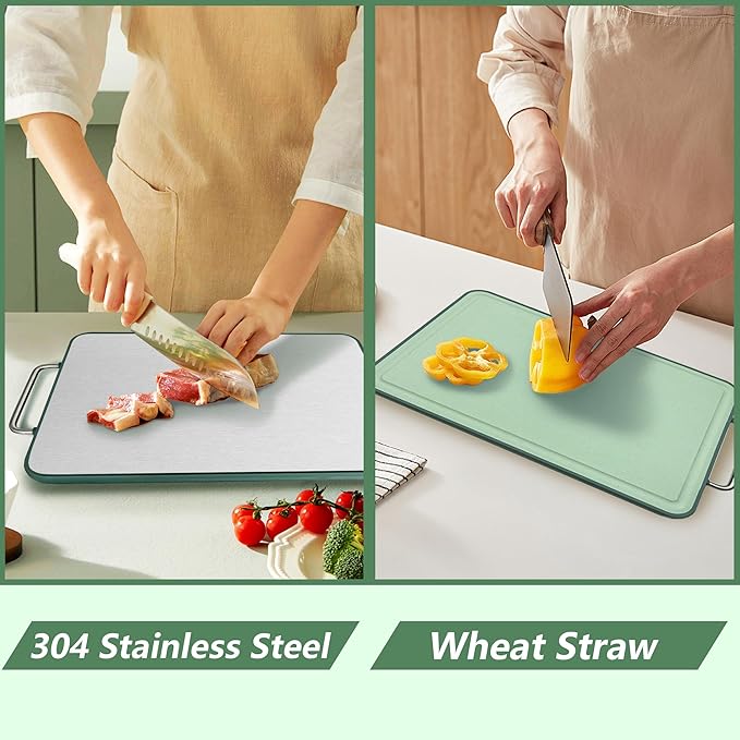 Stainless Steel Cutting Board, Cutting Boards for Kitchen, Stainless Steel/Wheat Straw PP Large Cutting Board with Juice Groove for Meat, Vegetables,Fruits (16 ×11×1 Inches)