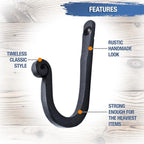 Larger Railroad Spike Cast Iron Hooks (5 Pack) Handmade Blacksmith, Wall Mounted, Farmhouse Decor Cast Iron Wall Hooks, Vintage Hooks for Hanging (Black)