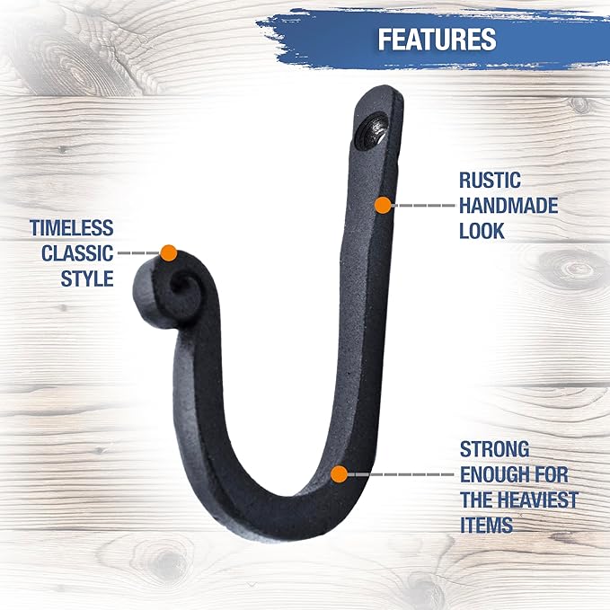 Larger Railroad Spike Cast Iron Hooks (5 Pack) Handmade Blacksmith, Wall Mounted, Farmhouse Decor Cast Iron Wall Hooks, Vintage Hooks for Hanging (Black)