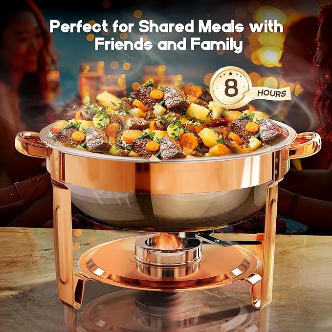 Chafing Dishes for Buffet 4Pack, 5QT Round Stainless Steel Chafing Dish Buffet Set with Safe Roll-Edge, Chafers and Buffet Warmers Sets for Catering, Weddings, Parties, Holiday Celebration (Rose Gold)