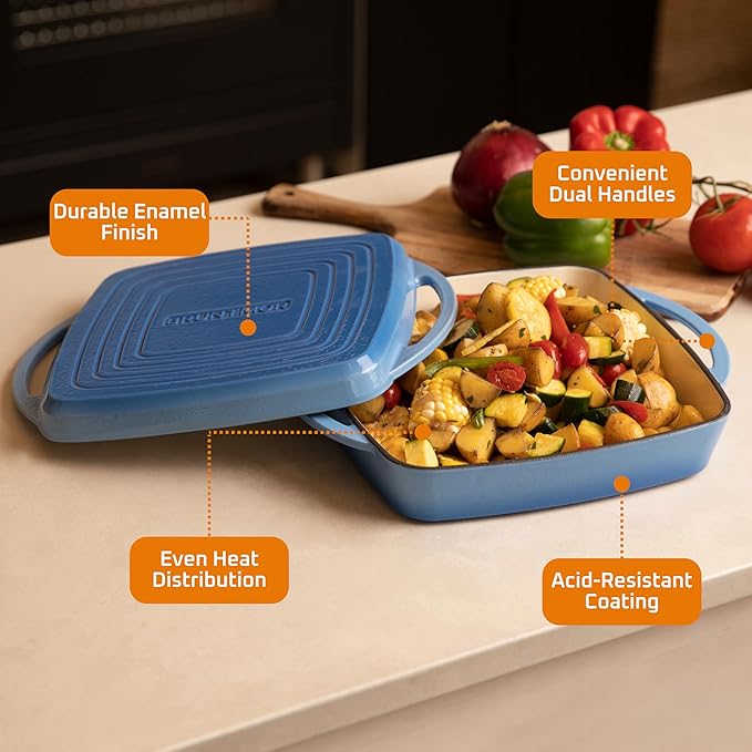 Bruntmor 2-in-1 Square Dutch Oven Casserole Dish with Lid, Dual Handles and Grill Pan for Baking, Braising and Grilling - Durable All-in-One Enameled Cast Iron Cookware Set for Kitchen, Whale Blue