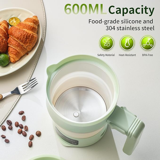 Collapsible Electric Kettle-600ML Foldable Travel Water Boiler, 600W Portable Hot Water Kettle with 4-Temp Presets, Food Grade Silicone for Hotel, Office, Camping (Green, 600mL)