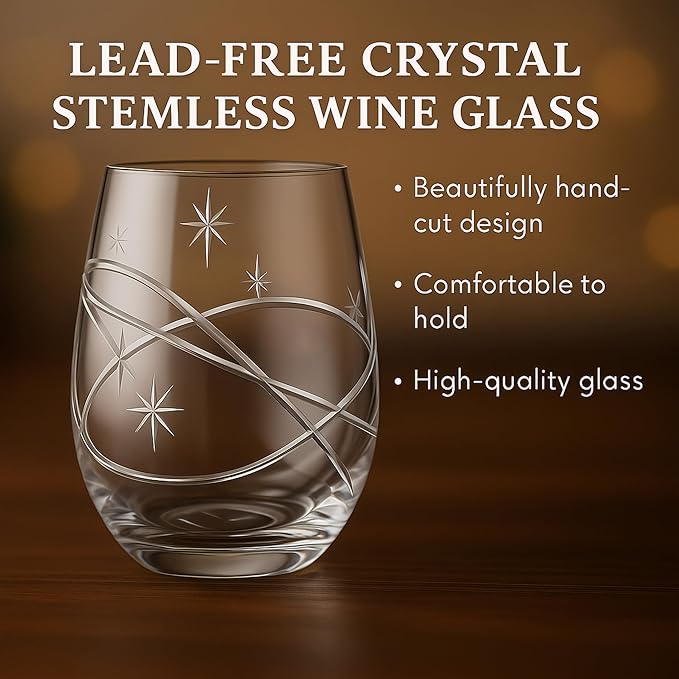 SHOSHIN Hand-Cut Space Pattern Stemless Wine Glasses 18 Oz, 4-Pack - Lead-Free Crystal, Dishwasher Safe & Artisan Engraved Design for Modern Entertaining
