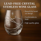 SHOSHIN Hand-Cut Space Pattern Stemless Wine Glasses 18 Oz, 4-Pack - Lead-Free Crystal, Dishwasher Safe & Artisan Engraved Design for Modern Entertaining