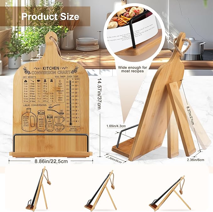 Cookbook Stand for Kitchen Counter Bamboo Recipe Book Holder with Conversion Chart Adjustable Non Slip Cookbook Holder Kitchen Gifts for Women Gifts for Housewarming Christmas Retirement Wedding