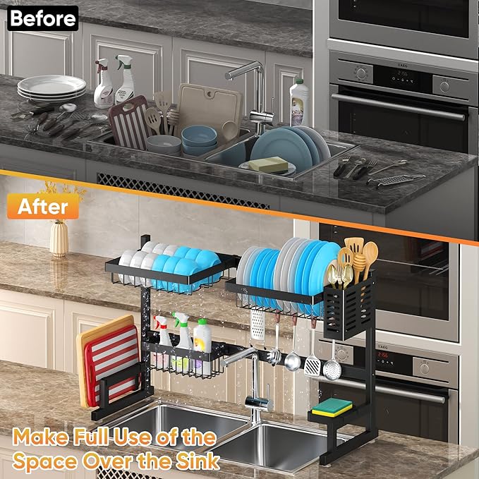 PUSDON Over Sink Dish Drying Rack Stainless Steel, Adjustable Large Dish Drainer for Storage Kitchen Organization Black 2 Tier-Simplified(26"-38")