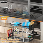 PUSDON Over Sink Dish Drying Rack Stainless Steel, Adjustable Large Dish Drainer for Storage Kitchen Organization Black 2 Tier-Simplified(26"-38")